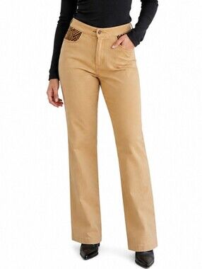 Sheri Bodell Womens Tan Straight Leg Pants Woven Chevron Accents Size 8 Chic‎
